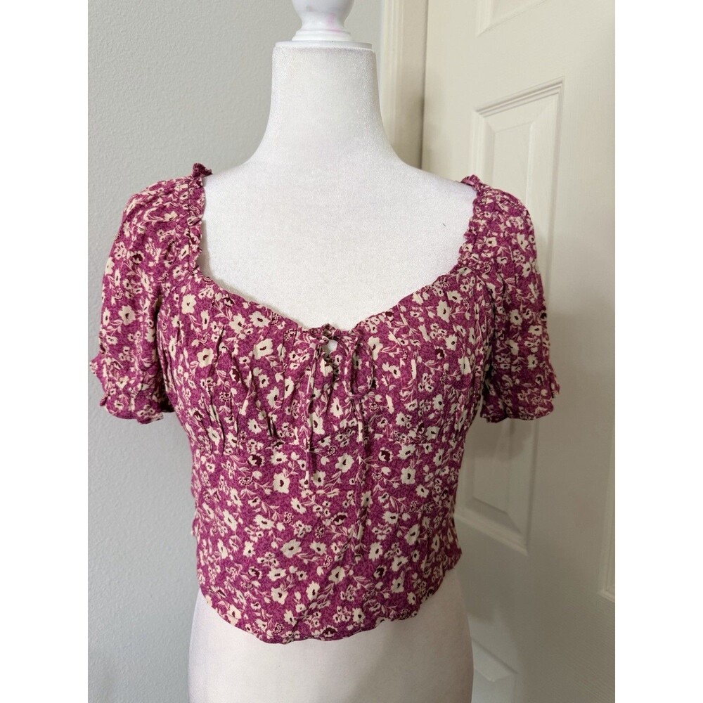 Elodie Womens Crop Top Pink Floral Puff Sleeve Smocked Blouse Rayon Tie Size L